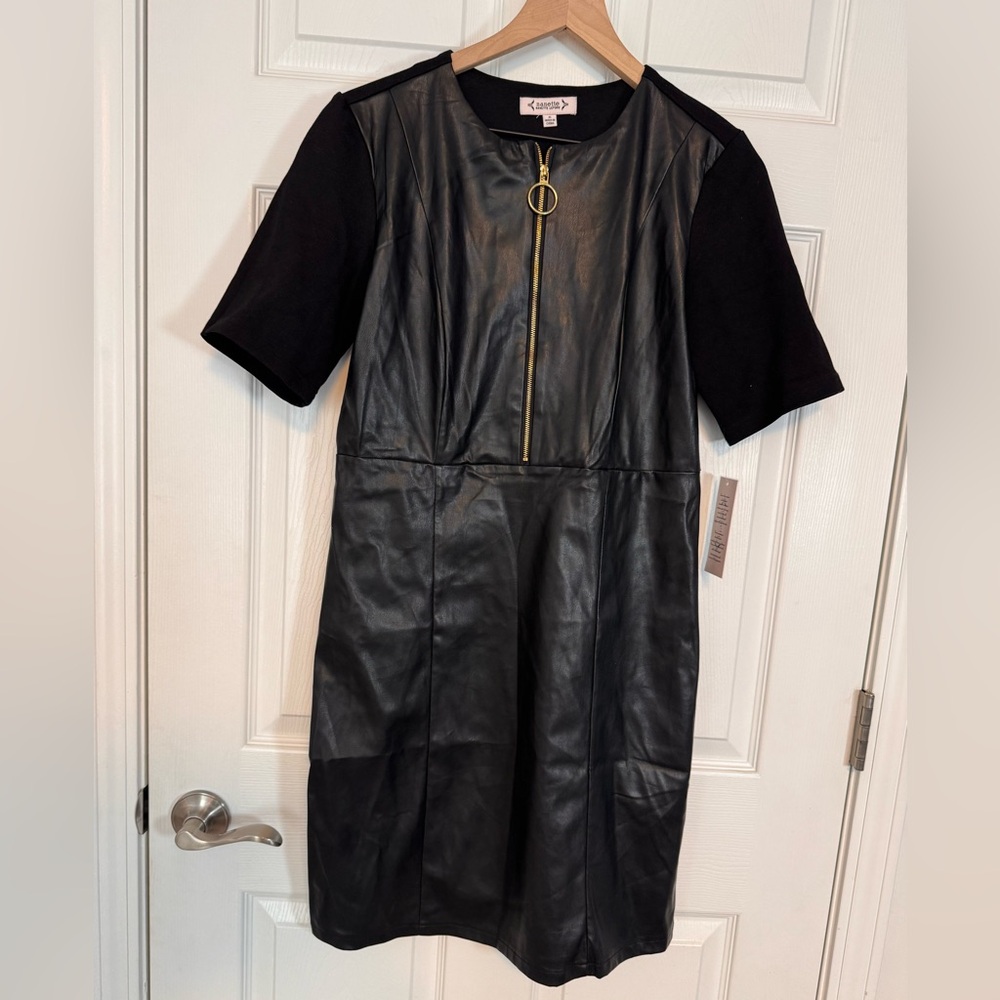 Nanette Lepore‎ faux vegan leather black dress with zipper nwt size 6